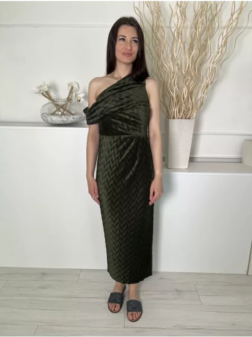 ÚJ New Look (M) Olajzöld Anyagában Mintás, Félvállas Gumisderekú, Oldalt Sliccelt Ruha