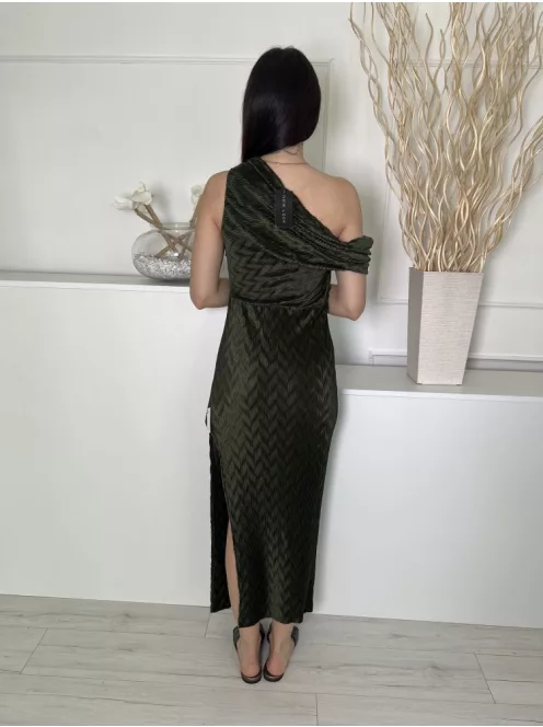 ÚJ New Look (M) Olajzöld Anyagában Mintás, Félvállas Gumisderekú, Oldalt Sliccelt Ruha