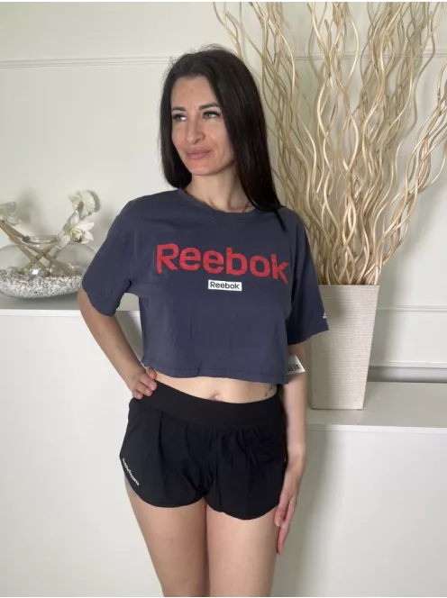 Reebok (M) Sötétkék Mellnél Feliratos, 100% Pamut Kerek Nyakú, Rövid Fazonú Felső