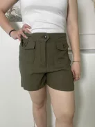 TU (L) Khaki Elől Gombos, Zsebes 55% Len Alapanyagú Rövidnadrág