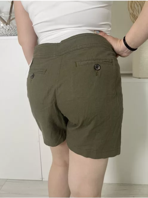 TU (L) Khaki Elől Gombos, Zsebes 55% Len Alapanyagú Rövidnadrág