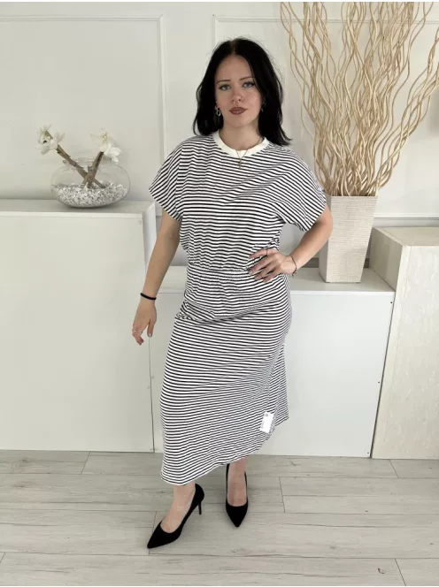 H&M (M) Fehér Fekete Csíkos, 100% Pamut Alapanyagú Kerek Nyakú, Gumisderekú Ruha