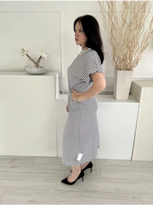 H&M (M) Fehér Fekete Csíkos, 100% Pamut Alapanyagú Kerek Nyakú, Gumisderekú Ruha