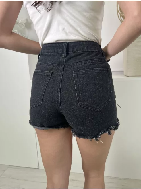 Boohoo (XS) Fekete Elől Gombos, Zsebes Rojtos Aljú, Farmer Rövidnadrág