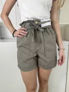 ÚJ F&F (XS) Khaki Elől Gombos, Zsebes Derékban Megkötős, 100% Pamut Rövidnadrág