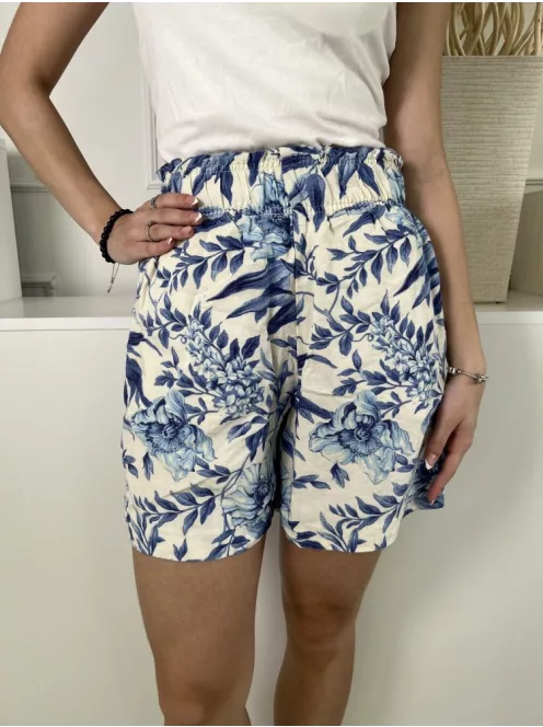 H&M (XS) Drapp Kék Levél Mintás. Darázsolt Derekú 45% Len Alapanyagú Rövidnadrág