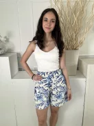 H&M (XS) Drapp Kék Levél Mintás. Darázsolt Derekú 45% Len Alapanyagú Rövidnadrág