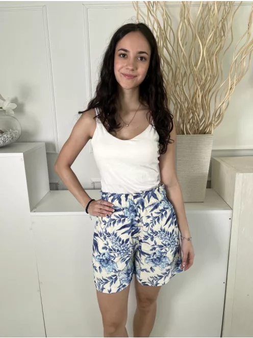H&M (XS) Drapp Kék Levél Mintás. Darázsolt Derekú 45% Len Alapanyagú Rövidnadrág