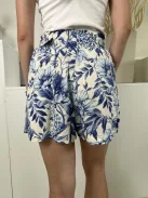 H&M (XS) Drapp Kék Levél Mintás. Darázsolt Derekú 45% Len Alapanyagú Rövidnadrág