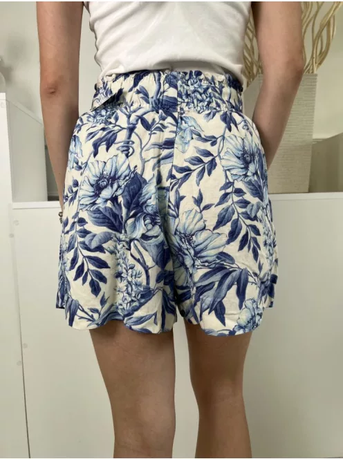 H&M (XS) Drapp Kék Levél Mintás. Darázsolt Derekú 45% Len Alapanyagú Rövidnadrág