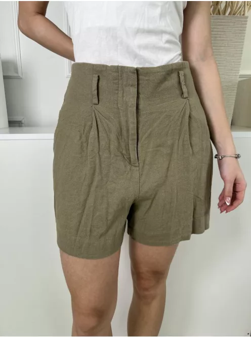ZARA (S) Khaki Elől Kapcsos, Övtartós 50% Len Alapanyagú Rövidnadrág