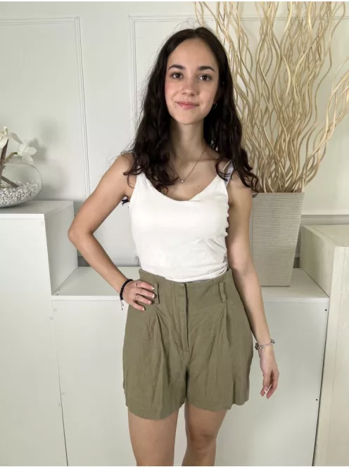 ZARA (S) Khaki Elől Kapcsos, Övtartós 50% Len Alapanyagú Rövidnadrág