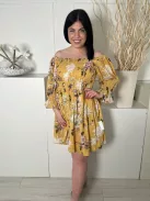 H&M (XL) Sárga Színes Virágos, Felül Darázsolt Fodros Ujjvégű, 100% Pamut Ruha