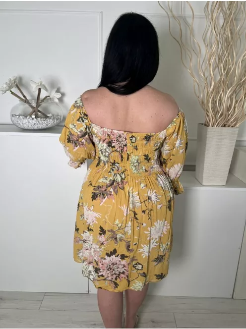 H&M (XL) Sárga Színes Virágos, Felül Darázsolt Fodros Ujjvégű, 100% Pamut Ruha