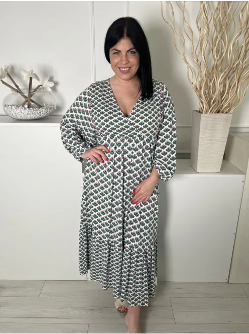 Boden (XL) Fehér Zöld Mintás, Gumis Ujjvégű Mellnél Díszlapolású, 50% Pamut Alapanyagú Ruha