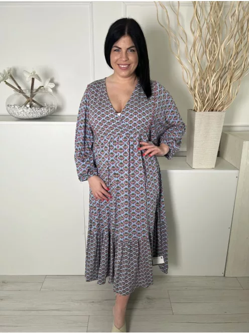 Boden (XL) Kék Színes Apró Mintás, Fodros Aljú V Kivágású, Gumis Ujjvégű, 50% Pamut Ruha
