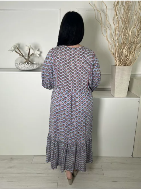 Boden (XL) Kék Színes Apró Mintás, Fodros Aljú V Kivágású, Gumis Ujjvégű, 50% Pamut Ruha
