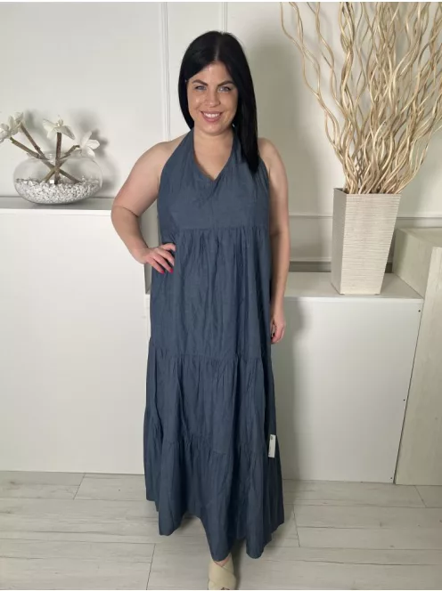 ÚJ Store Twenty One (XL) Borongóskék Nyakban Megkötős, Hátul Darázsolt Fodros Aljú, 100% Pamut Ruha