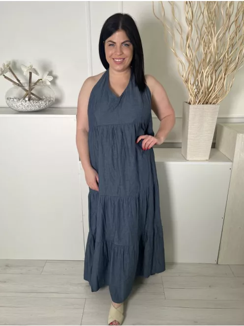 ÚJ Store Twenty One (XL) Borongóskék Nyakban Megkötős, Hátul Darázsolt Fodros Aljú, 100% Pamut Ruha