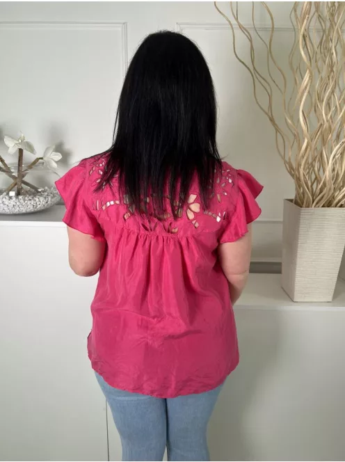 New Look (L) Rózsaszín Felül Lyukacsos Mintás, Fodros Vállú 100% Selyem Alapanyagú Felső