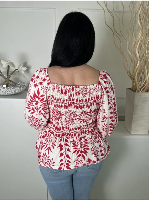 Peacocks (XL) Krémszínű Piros Mintás, Felül Darázsolt Buggyos Ujjú, 100% Pamut Alapanyagú Felső