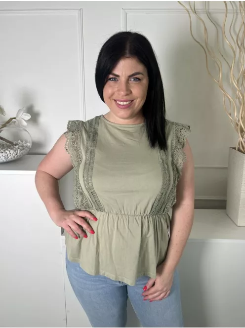 River Island (M) Khaki Horgoltmintás, Csipkeszegélyes Gumisderekú, Kerek Nyakú, 100% Pamut Felső