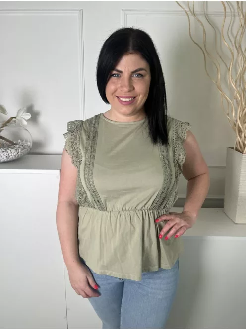 River Island (M) Khaki Horgoltmintás, Csipkeszegélyes Gumisderekú, Kerek Nyakú, 100% Pamut Felső