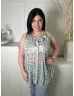   ÚJ Dorothy Perkins (L) Krémszínű Zöld Levélmintás, Elől Végig Gombos Nyakánál Fodros, Enyhén Áttetsző Felső
