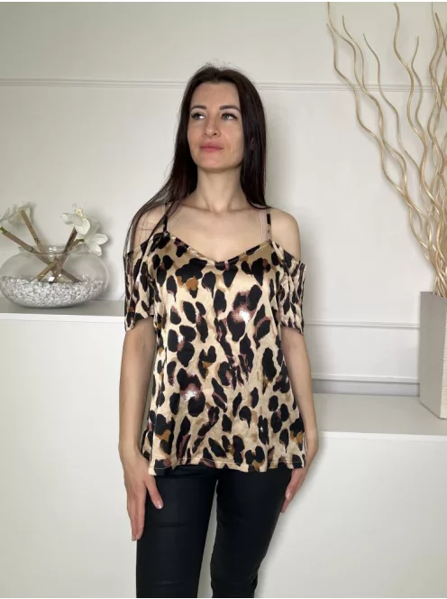 Boohoo (M) Aranybarna Fekete Foltmintás, Nyitott Vállú Pántos, Hátul Cipzáros Felső