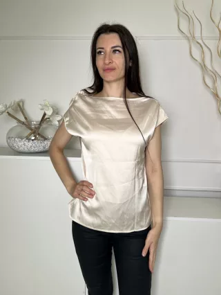   Shein (M) Ekrü Vállán Díszmegkötős, Csónak Nyakú Fényes Anyagú Felső
