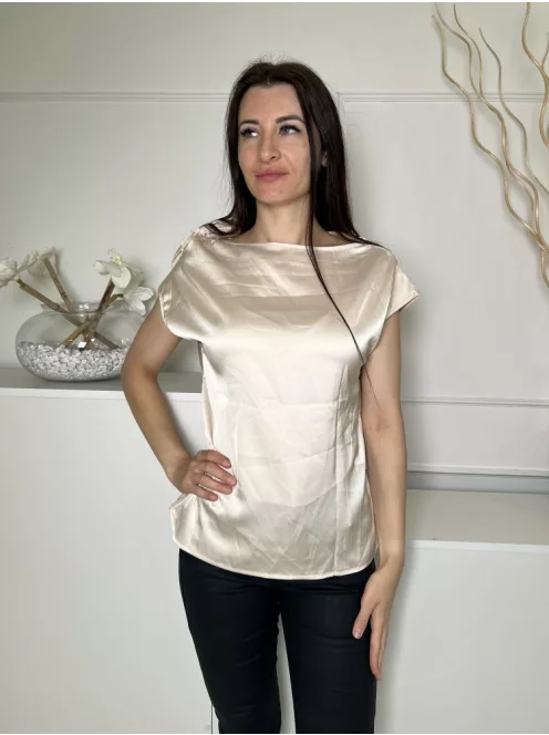 Shein (M) Ekrü Vállán Díszmegkötős, Csónak Nyakú Fényes Anyagú Felső