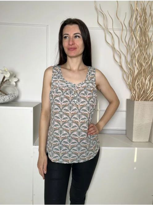Fat Face (M) Halvány Rózsaszín Zöld Levélmintás, Mellnél Gombos 100% Pamut Alapanyagú Felső