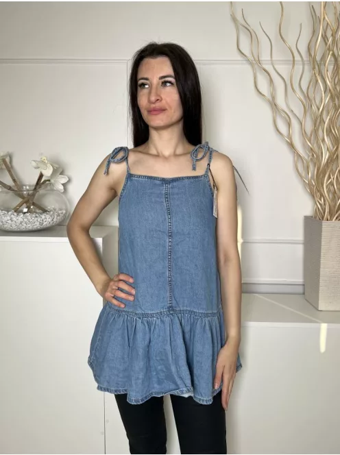 ÚJ Denim Co (M) Kék Megköthető Pántú, Fodros Aljú Farmer Felső