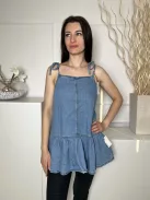 ÚJ Denim Co (M) Kék Megköthető Pántú, Fodros Aljú Farmer Felső