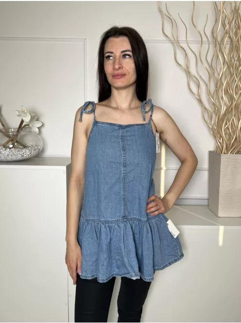 ÚJ Denim Co (M) Kék Megköthető Pántú, Fodros Aljú Farmer Felső