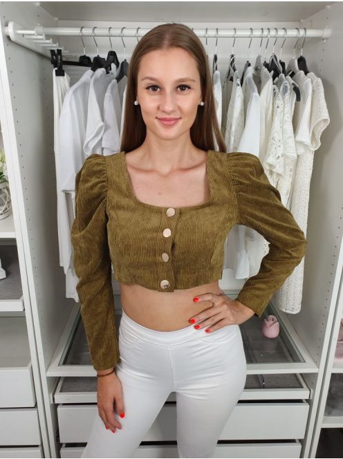 ZARA (S, M) Khaki Zöld Buggyos Vállú Gombos, Kordbársony Felső