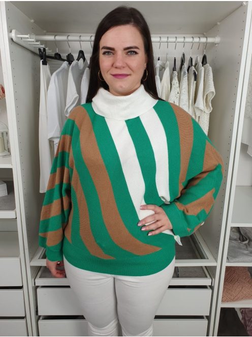 ÚJ Vero Moda (XL) Zöld-Barna-Fehér Csíkos Mintás, Galléros Gépi Kötött, Bő Ujjú Felső