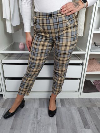   Primark (M) Drapp-Kék Kockamintás, Díszgombos Zsebes, Hátul Derékban Gumis Nadrág