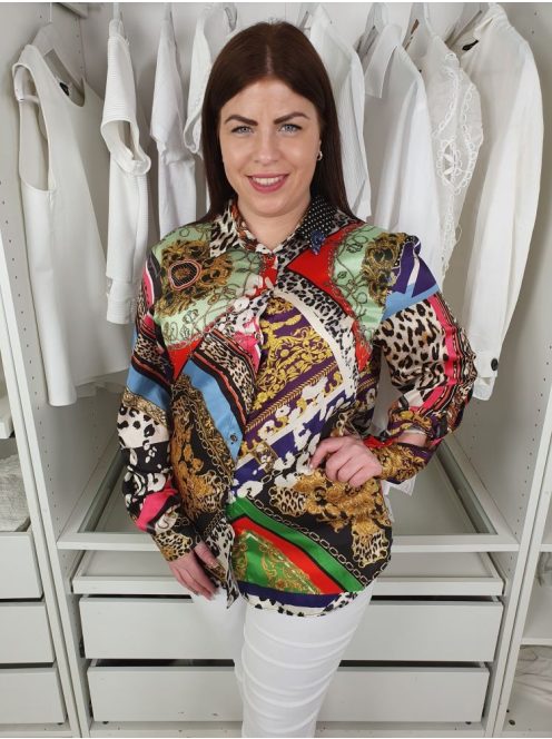  River Island (L) Színes Mintás Aranygombos, Galléros Szatén Anyagú Felső