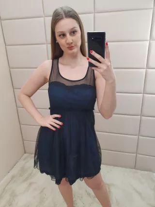   ZARA (M) Kék-Fekete Hálós Anyagú, Bélelt Oldalán Cipzáras Ruha