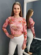 Missguided (M) Rózsaszín Színes Mintás, Hálós Anyagú Áttetsző, Fodros Szegélyű Felső