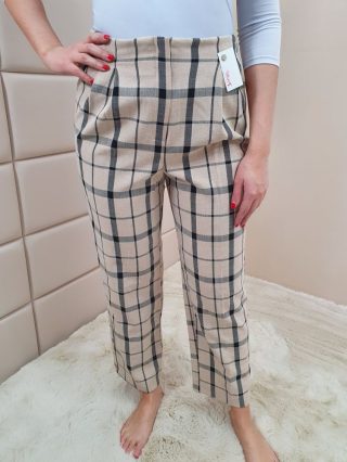 Primark (M) Szürke-Bézs Kockás Cipzáras, Kapcsos Nadrág