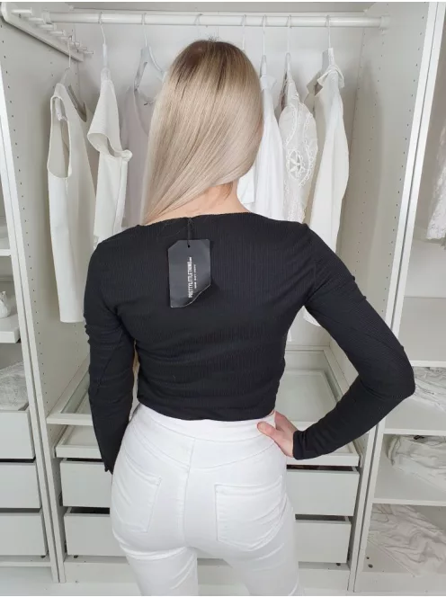 ÚJ PrettyLittleThing (S) Fekete Anyagában Bordás Nyitott, Kivágott Felső