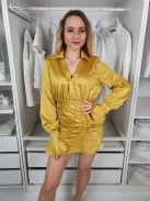 ÚJ Pretty Little Thing (M) Aranysárga Oldalt Cipzáros, Szoknyarészén Húzott Tölcsér Ujjú, Galléros Ruha