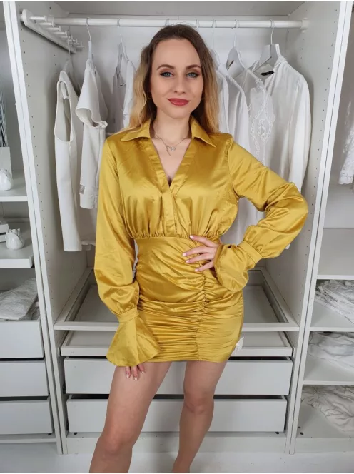 ÚJ Pretty Little Thing (M) Aranysárga Oldalt Cipzáros, Szoknyarészén Húzott Tölcsér Ujjú, Galléros Ruha