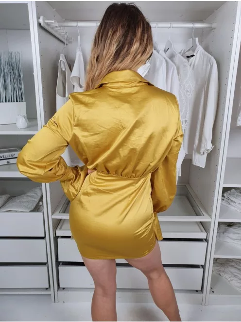 ÚJ Pretty Little Thing (M) Aranysárga Oldalt Cipzáros, Szoknyarészén Húzott Tölcsér Ujjú, Galléros Ruha