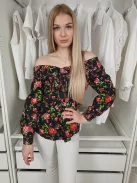Primark (S) Fekete Piros Virágos, Pamut Ejtett Darázsolt Vállú Felső