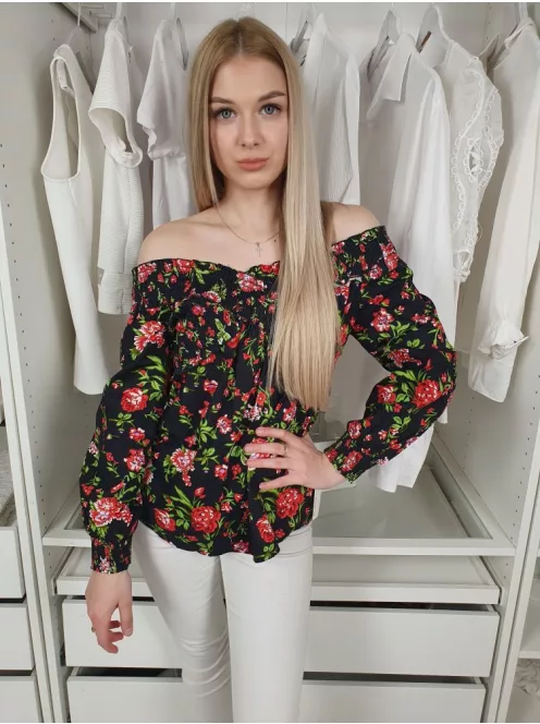 Primark (S) Fekete Piros Virágos, Pamut Ejtett Darázsolt Vállú Felső
