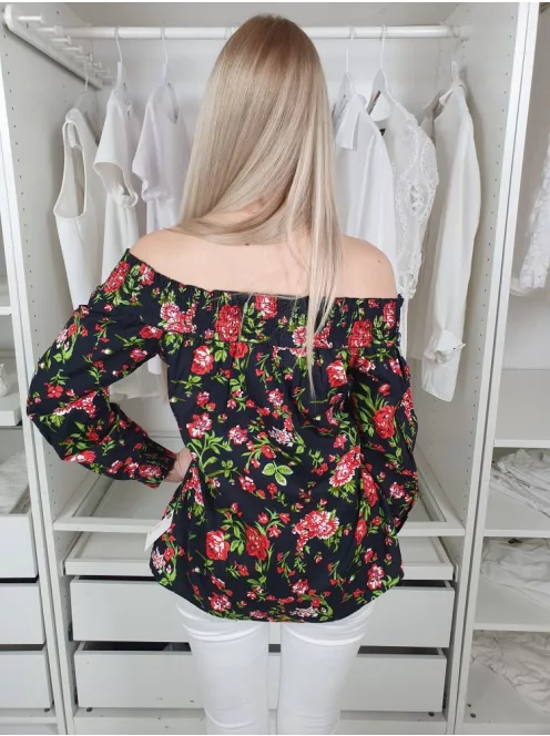 Primark (S) Fekete Piros Virágos, Pamut Ejtett Darázsolt Vállú Felső