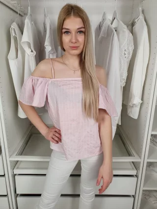  ÚJ H&M (S) Rózsaszín-Fehér Csíkos, Ejtett Vállú Pántos Felső